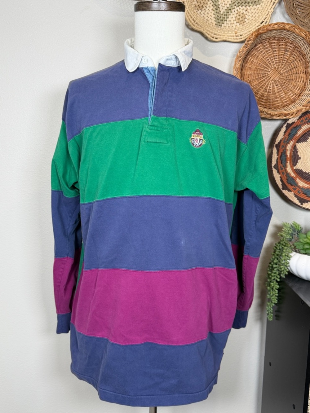 Vtg Chaps Ralph Lauren Bold Striped Polo Rugby Preppy Shirt Blue Green Pink XL